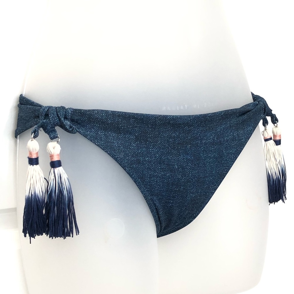 H&M Jean Print Bandeau Zip Bikini Top & Tassle Bikini Bottom - Picture 5 of 7